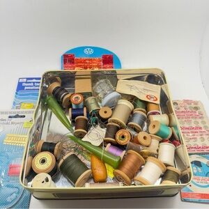 Vintage Mixed Thread Spools Tin with Assorted Sewing Notions